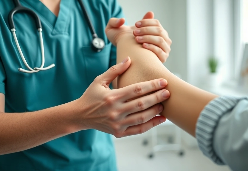 Profissional de saúde examinando o antebraço esquerdo de um paciente em consultório