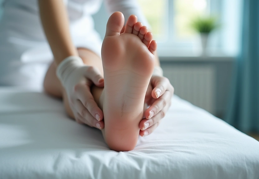 Médico examinando a sola do pé e pressionando o calcanhar de uma paciente em consultório