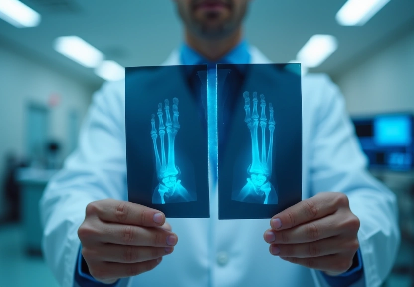 Radiografia óssea sendo avaliada contra um painel de luz em consultório ortopédico